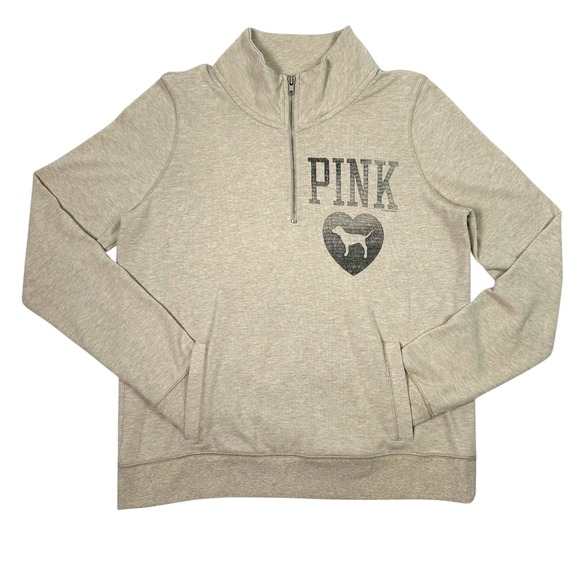 Victoria's Secret PINK Tops - Victoria's Secret PINK Quarter Zip Pullover Oatmeal Heather Heart Dog Logo Large